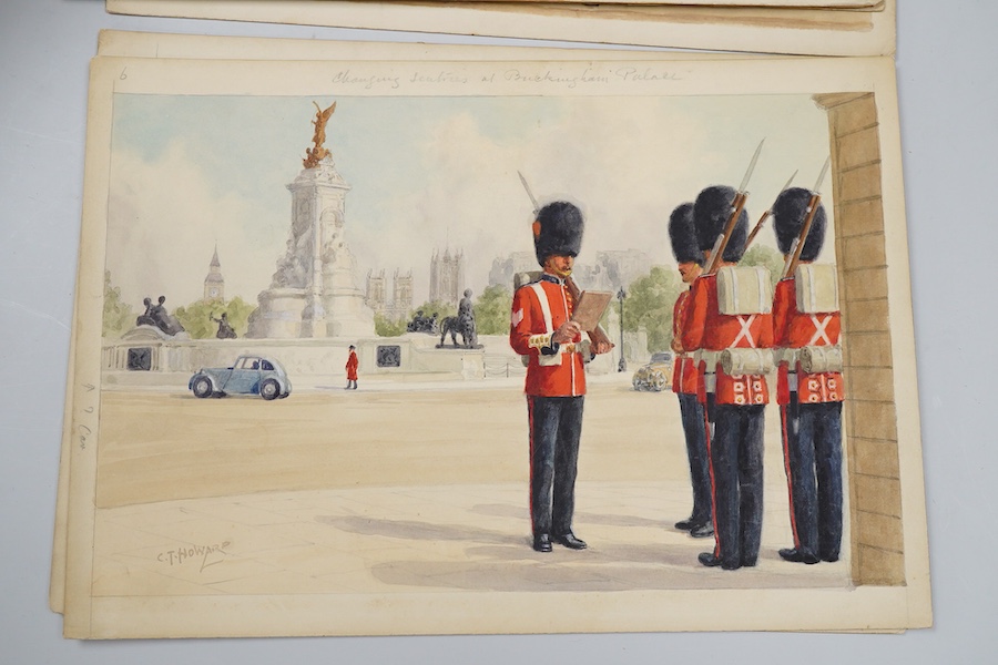 Charles Howard (19th/20th. C), London Pageantry scenes to include - Changing sentries at Buckingham Palace, Irish Guards at St. James's Palace and Lifeguards at Horseguards, some monogrammed, set of five original waterco